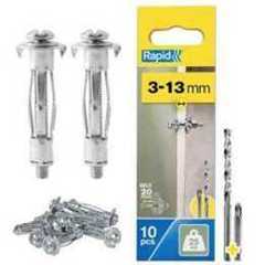 Rapid Hollow Wall Anchors, 3-13 mm, Pack of 10 Metal Plasterboard